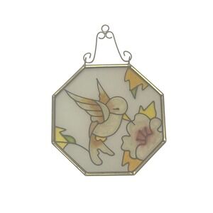 Stained Glass Hummingbird Flower Octagon Sun Catcher Wall Decor VTG Cottagecore
